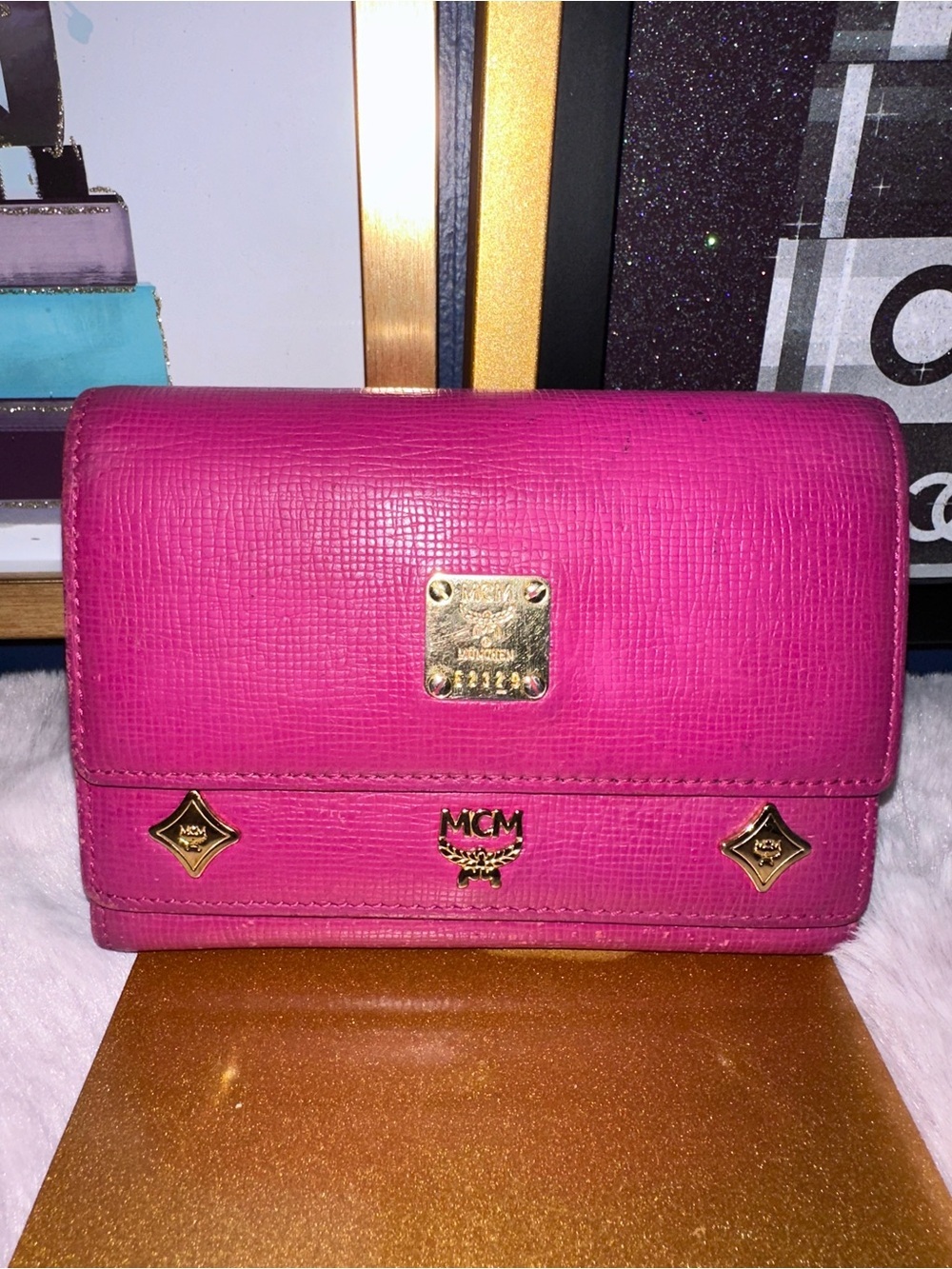 MCM Pink Leather Trifold Wallet Gold Studs Logo Charm Snap Closure